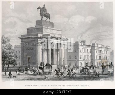 APSLEY HOUSE und WELLINGTON ARCH, Piccadilly, Hyde Park Corner, Westminster, London. „Triumphbogen und Statue des Duke of Wellington“ von T H Shepherd. Veröffentlicht in Shepherd's 'die Geschichte des mächtigen London und seiner Umgebung' im Jahr 1855. Gravur datiert 1850. Aus der Mayson Beeton Collection. Stockfoto