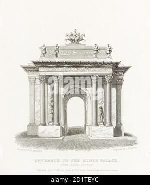 WELLINGTON ARCH, Hyde Park Corner, Westminster, London. 'Eingang zum Königspalast' von T H Shepherd. Veröffentlicht in James Elmes (1827) 'Metropolitan Improvements, or London in the neunzehnten century...' Linie graviert (Stahl). Aus der Mayson Beeton Collection. Stockfoto