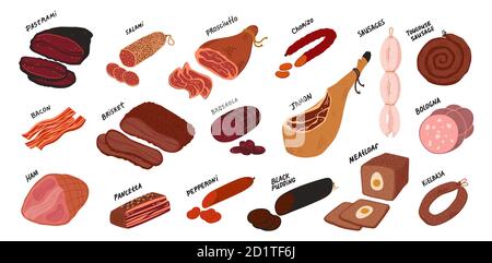 Fleischspezialitäten-Set. Würste und Fleischspezialitäten aus aller Welt Stock Vektor