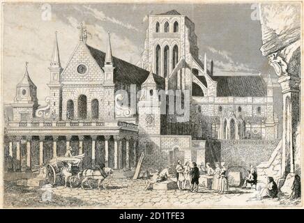 ST PAUL'S CATHEDRAL, St Paul's Kirchhof, City of London. Blick auf das Westende der alten Kathedrale im Jahre 1660 vor dem Brand von 1666. Aus der Mayson Beeton Collection. Stockfoto