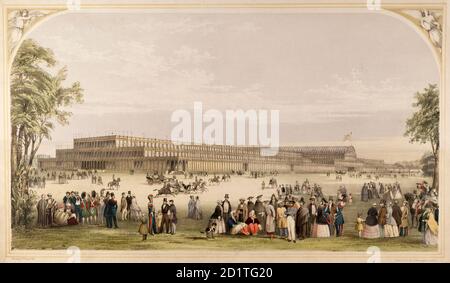 GROSSE AUSSTELLUNG VON 1851, Hyde Park, Westminster, London. Crystal Palace. Das große Ausstellungsgebäude im Hyde Park. Bragg Delin. Lithographie in Schwarz und Tönungen. Aus der Mayson Beeton Collection. Stockfoto
