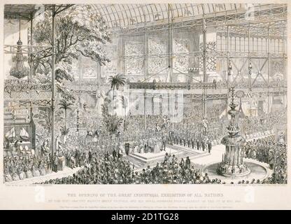 GROSSE AUSSTELLUNG VON 1851, Hyde Park, Westminster, London. Crystal Palace. Eröffnung der Großen Ausstellung. Innenradierung von G Cruikshank. Proofs-Gravur aus der Sammlung Mayson Beeton. Stockfoto