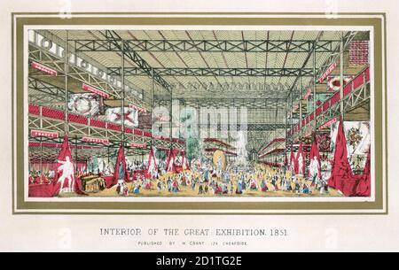 GROSSE AUSSTELLUNG VON 1851, Hyde Park, Westminster, London. Crystal Palace. Der Innenraum der Großen Ausstellung. Holzschnitt in schwarz und farbig. Gravur aus der Sammlung Mayson Beeton. Stockfoto