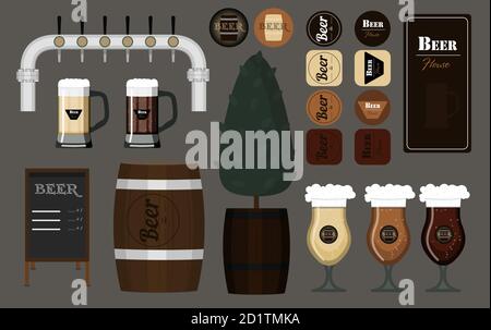 Ein Set aus Gläsern, Tassen und Bierfässern. Vektor-Illustration von Bieruntersetzern unter der Gläser-Menü für Bier Bar Zapfhahn für Bier und Holzfässer. Artikel für den Innenraum der Bar. Flache Vektorbilder von Glasgläsern mit verschiedenen Sorten von hellem und dunklem Bier. Logos und Objekte auf grauem Hintergrund isoliert Stock Vektor