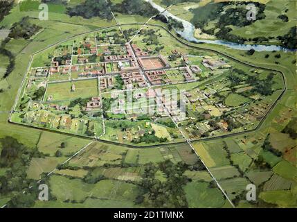 WROXETER RÖMISCHE STADT, SHROPSHIRE. Luftbild Rekonstruktion Zeichnung der Stadt, wie es im frühen 3. Jahrhundert von Ivan Lapper erschienen sein kann. Stockfoto