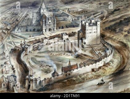 ROCHESTER CASTLE, Kent. Luftrekonstruktion Zeichnung von Alan Sorrell zeigt die Burg, wie es im fünfzehnten Jahrhundert erschienen sein könnte. Stockfoto