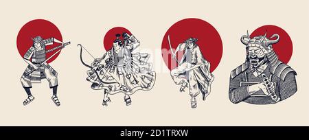 Japanische Samurai und rote Sonne. Krieger mit Waffen Skizze. Männer in einer Kampfpose. Handgezeichnete Vintage-Skizzen. Vektorgrafik im monochromen Stil. Stock Vektor