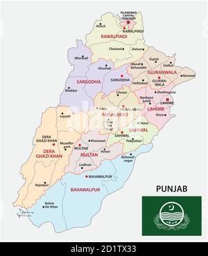 Administrative Vektor-Karte der pakistanischen Provinz punjap mit Flagge, Pakistan Stock Vektor