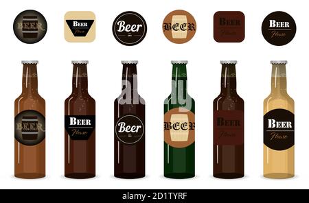 Set von Vektor-Glas-Bierflaschen. Isolierte Flaschen mit verschiedenen Sorten, Sorten und Firmen von Bier auf weißem Hintergrund. Logos Bieruntersetzer unter den Biergläsern. Abbildung für eine Bar, ein Geschäft oder ein Restaurant. Realistische grüne und braune Bierflaschen setzen isolierte Vektor-Illustration Stock Vektor