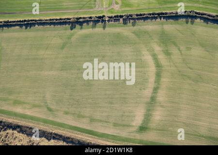 Woodbury Iron Age Univallate Hillfort Crop Mark, Salisbury, Wiltshire, Großbritannien. Luftaufnahme. Stockfoto