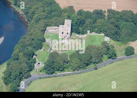 Norham Castle Tower Keep Castle, Northumberland, 2014. Luftaufnahme. Stockfoto