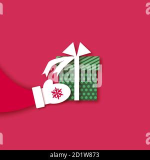 Frohe Weihnachten Grußkarte mit Santa Claus Hände halten grüne geschenkbox mit weißer Schleife. Frohes neues Jahr im papercraft-Stil. Rot. Winterurlaub. Stock Vektor