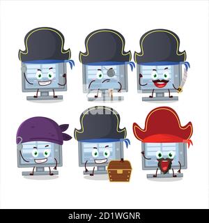Cartoon-Charakter unter uns Monitor mit verschiedenen Piraten Emoticons Stock Vektor