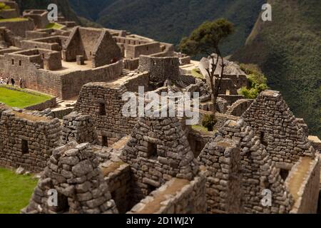 Machu Picchu, Peru - 6. April 2014: Architektur und Details der alten Wohngegend, Machu Picchu, Peru. Stockfoto