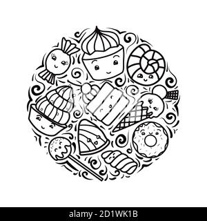 Set von Kontur Kind Illustrationen von niedlich, kawai Süßigkeiten und Konfektion. Vektorelemente für Aufkleber, Pins, Abzeichen und für Ihre Kreativität. Stock Vektor