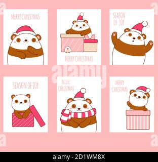 Set von Vektor Weihnachten Geschenk-Tag, Karte, Abzeichen, Aufkleber mit niedlichen Pandas Vertikale Weihnachten Vorlage Karte für Gruß, Dekoration, Gratulation, invitati Stock Vektor