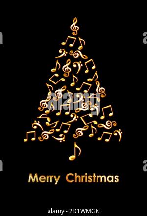 Weihnachtsbaum aus goldenen Noten auf schwarzem Hintergrund. Frohe Weihnachten Musik Grußkarte Stockfoto