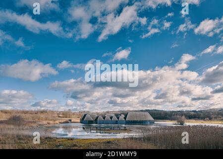 Außenansicht des Besucherzentrums Brockholes, Samlesbury, Lancashire, entworfen von Adam Khan Architects, fertiggestellt 2012. Stockfoto