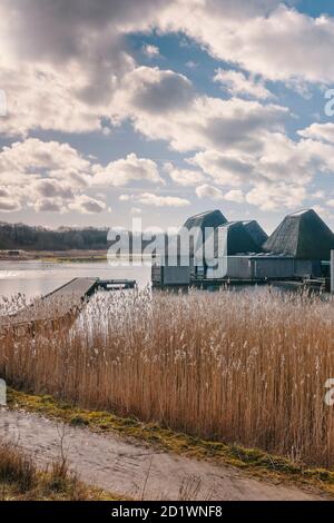 Außenansicht des Besucherzentrums Brockholes, Samlesbury, Lancashire, entworfen von Adam Khan Architects, fertiggestellt 2012. Stockfoto