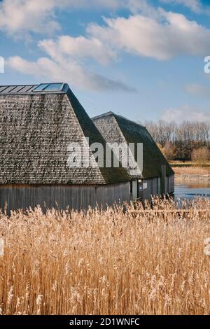 Außenansicht des Besucherzentrums Brockholes, Samlesbury, Lancashire, entworfen von Adam Khan Architects, fertiggestellt 2012. Stockfoto