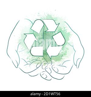 Umreißen die Zeichnung der Hände, die das Zeichen des Recyclings mit den grünen Aquarellspritzern halten. Recycling und Zero Waste. Ökologisches Vektorelement für Logos, ic Stock Vektor