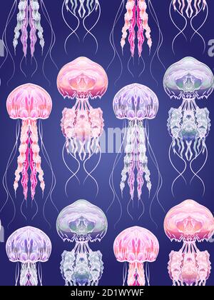 Nahtloses Muster mit Neonquallen in der Tiefe. Meeresbewohner. Vektortextur für Stoffe, Tapeten und Ihre Kreativität Stock Vektor