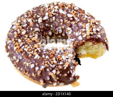 Gebissen Schokolade glasierten Donut mit Nussflocken isoliert auf weiß Draufsicht im Hintergrund Stockfoto