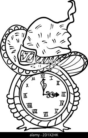 Hexenhut und Uhr, Halloween-Kritzeleien. Isolierte Vektor-Illustration in Kontur oder Umriss Zeichnung Stil zum Ausmalen Buch Seiten Design. Stock Vektor