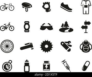 Radfahren & Biken Ausrüstung Symbole Black & White Set groß Stock Vektor
