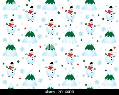 Wintermuster mit Schneeflocken und Schneemännern. Winter Weihnachtsbäume und Schneemann auf weißem Hintergrund. Vektor Nahtloses Muster. Kann für Geschenkpapier verwendet werden. Stock Vektor
