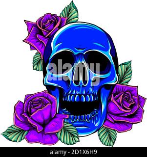 Old School Rose Tattoo mit Totenkopf. Traditionelle schwarze Punkttinte. Isolierte Vektordarstellung. Stock Vektor