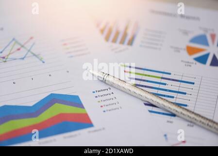 Zusammenfassende Bericht in Statistics Circle Tortendiagramm auf Papier Geschäft Dokumentieren Sie Finanzdiagramm und Diagramm mit Stift / Business-Bericht Diagramm Vorbereiten von Diagrammen c Stockfoto