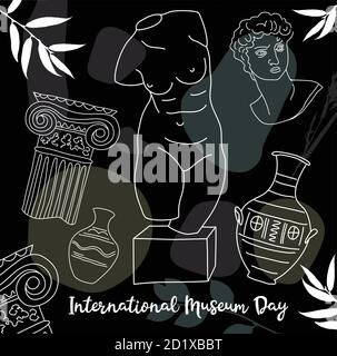 Plakat zum Internationalen Museumstag auf schwarz. Vektor-Illustration in Trendlinie Art. Oneline Stil mit geometrischer Form in dunklen Farben. Stock Vektor