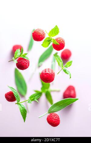 Konzept der Levitation von Lebensmitteln. Frische reife Himbeerfrüchte und Heidelbeeren fliegen in der Luft. Stockfoto