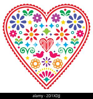 Mexikanisches Herz Volkskunst Vektor-Design, Valentinstag oder Hochzeit Einladung Grußkarte mit Vögeln und Blumen Stock Vektor
