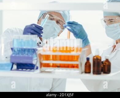 Nahaufnahme. Laborwissenschaftler testen Blut im Labor . Stockfoto