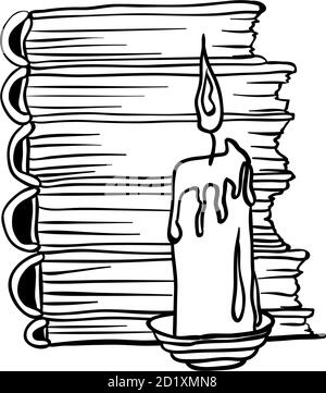 Stapel von Büchern und Kerze, Halloween-Kritzeleien. Isolierte Vektor-Illustration in Kontur oder Umriss Zeichnung Stil zum Ausmalen Buch Seiten Design. Stock Vektor
