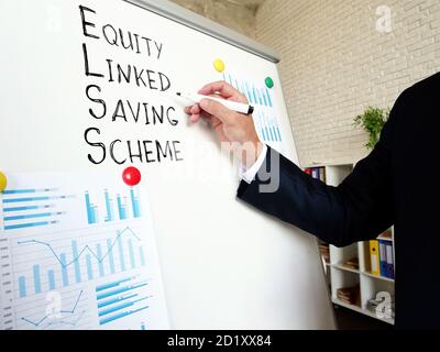 Geschäftsmann zeigt ELSS Funds Equity Linked Saving Scheme. Stockfoto