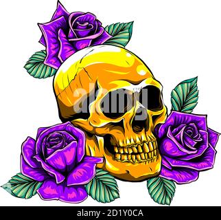 Old School Rose Tattoo mit Totenkopf. Traditionelle schwarze Punkttinte. Isolierte Vektordarstellung. Stock Vektor