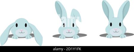 Kaninchen guckt aus dem Loch. Vektor-Set von niedlichen Hasen im Cartoon-Stil. Stock Vektor