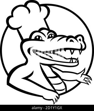 Maskottchen Illustration eines glücklichen Alligators, Gator oder Krokodil trägt Chef Hut im Kreis von vorne auf isoliertem Hintergrund in Retro-Blac gesehen gesetzt Stock Vektor