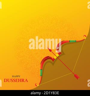 Happy Dussehra hinduismus Festival der indischen Vektor-Hintergrund mit bunten Pfeil und Bogen auf Orange Mandala Hintergrund. Stock Vektor