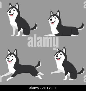 Sibirischer Husky in verschiedenen Posen. Schöner Hund im Cartoon-Stil. Stock Vektor