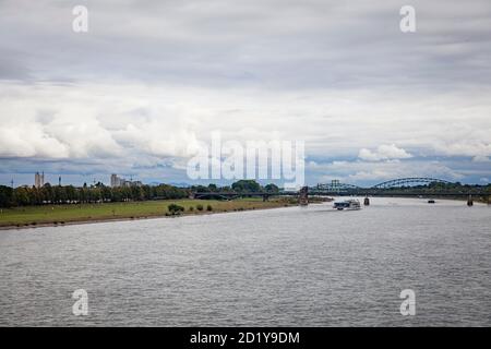 Flottern des Rheins im Kreis Poll, im Hintergrund die Südbrücke, Köln, Deutschland. Die Rheinwiesen in Poll, im Hintergrund die Stockfoto