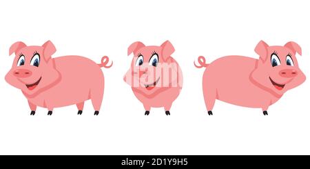 Schwein in verschiedenen Posen. Bauernhof Tier im Cartoon-Stil. Stock Vektor