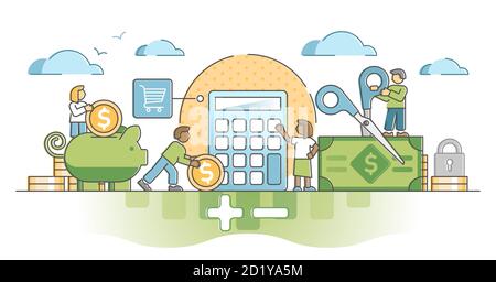Budgetplanung als finanzielle Geldstrategie in der Ökonomie skizzieren Konzept. Bilanzierung Steuersaldo mit Einkommen, Ausgaben und Einnahmen Saldo Vektor illu Stock Vektor