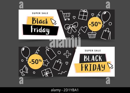 Black friday Banner Set mit Doodle-Elementen, Vektor-Illustration Stock Vektor