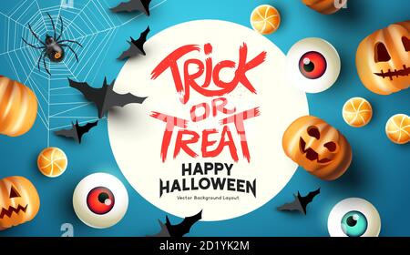 Gruselig und Spaß glücklich halloween Event Layout-Design-Hintergrund. Einschließlich Fledermäuse, Süßigkeiten, und grinsend Jack o Laternen Kürbisse. Vektorgrafik. Stock Vektor