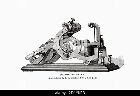 Ein elektrisches Morse Register, hergestellt von L. G. Tillotson & Co., New York in den späten 1860er Jahren. Nach einer Illustration in der modernen Praxis des elektrischen Telegraphen: Ein Handbuch für Elektriker und Betreiber, von Franklin L. Pope. Dritte Auflage, erschienen 1870. Stockfoto