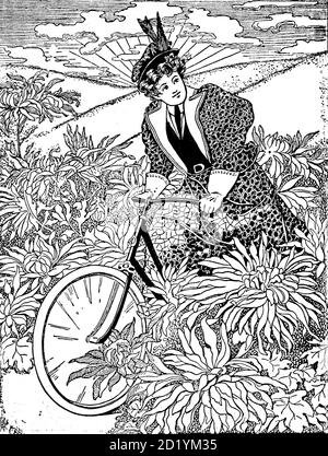 Ende des 19. Jahrhunderts Freigeist-Frau auf dem Fahrrad von unterwegs zu Gesundheit und Glück von Charles A. Vogeler Company [Werbung] Erscheinungsdatum 1897 Stockfoto